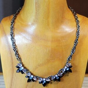 Retro 1990s Style Gunmetal Blue & Pink Rhinestone Necklace 16" to 19" Long